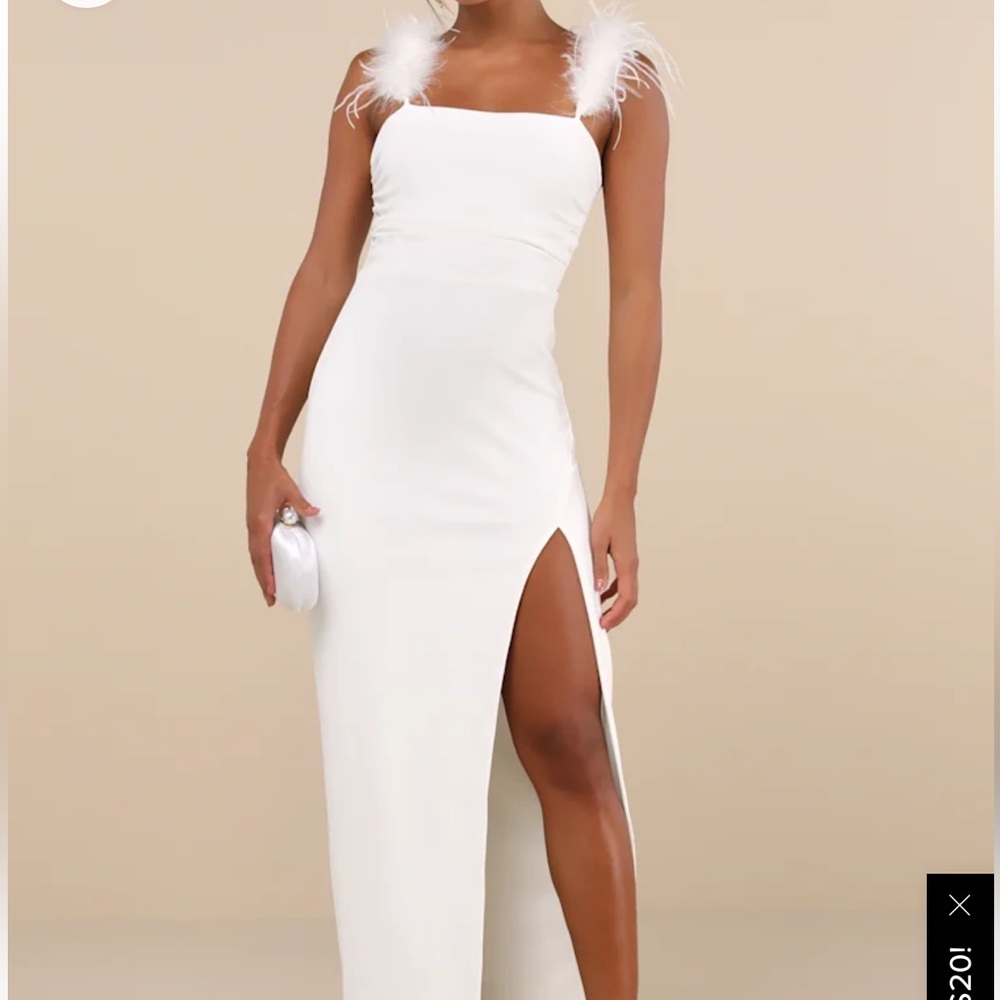 Lulus white maxi dress with feather straps.